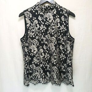 Talbots Black Beige Lace Sleeveless Top Sz 14 Mock Neck Overlay Lined Cocktail